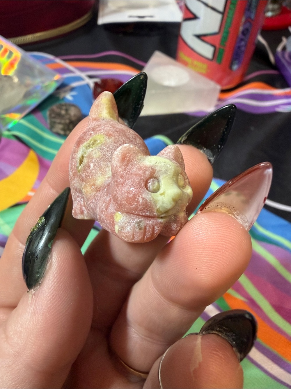 Hand-Carved mini watermelon tourmaline Stone Cat Figurine